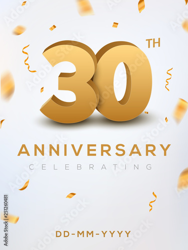 30 Anniversary gold numbers with golden confetti. Celebration 30th anniversary event party template