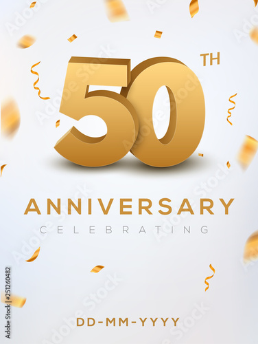 50 Anniversary gold numbers with golden confetti. Celebration 50th anniversary event party template