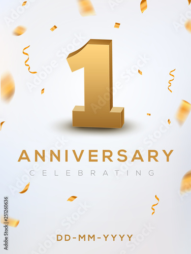 1st Anniversary gold numbers with golden confetti. Celebration 1 anniversary event party template
