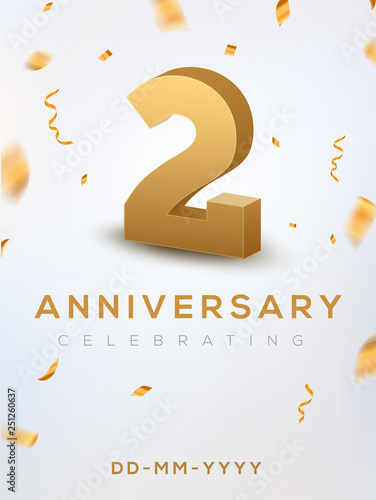 2 Anniversary gold numbers with golden confetti. Celebration 2 anniversary event party template