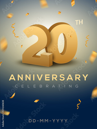 20 Anniversary gold numbers with golden confetti. Celebration 20th anniversary event party template