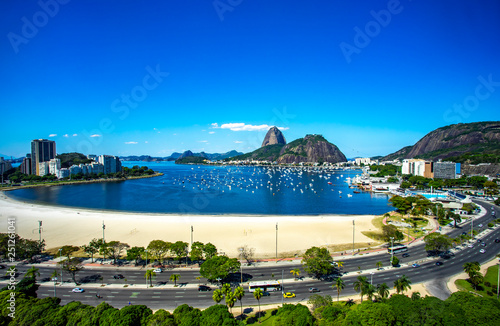Exotic mountains. Famous mountains. Mountain of the Sugar Loaf in Rio de Janeiro, Brazil South America. Panoramic view of boats and yachts in the marina. 