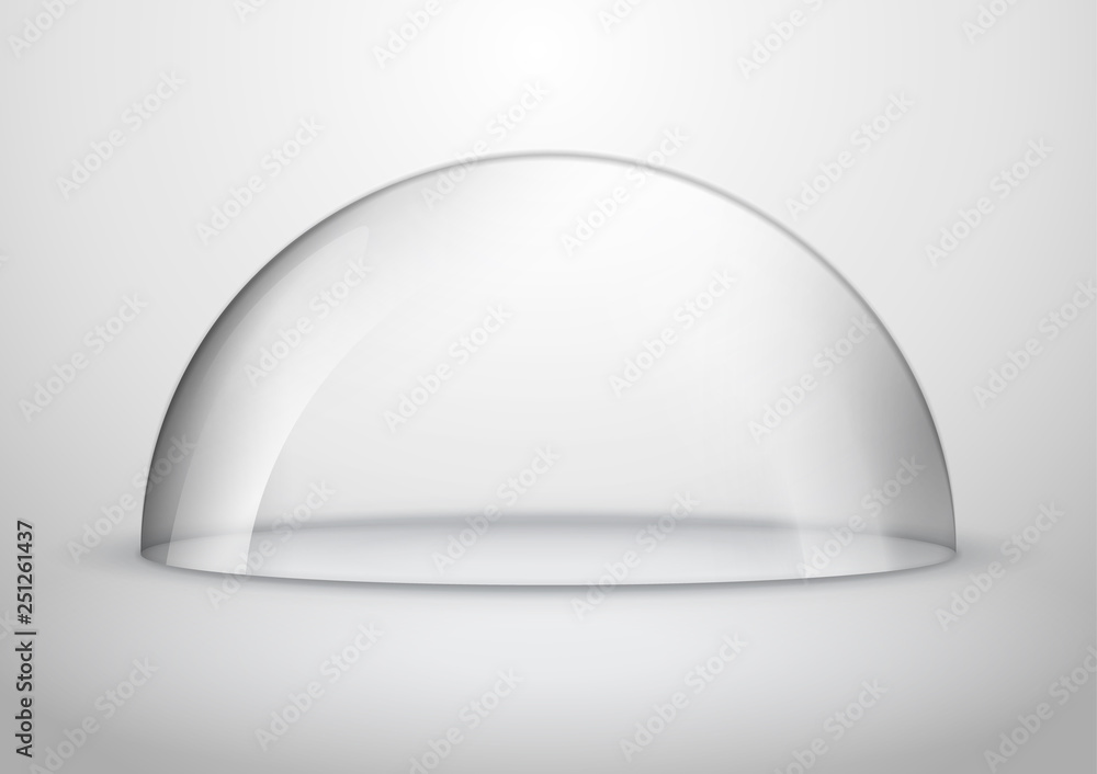 Glass dome container mock-up. Plastic dome model cover for exhibition isolated. Blank vector transparent dome Glass dome container mock-up. Plastic dome model cover for exhibition isolated. Blank vector transparent dome