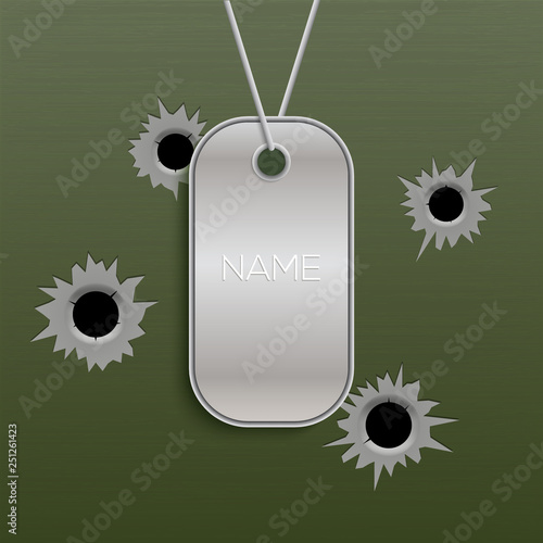 Military tag vector army chain metal soldier necklace isolated id name. Silver war tag on wall holes illustration