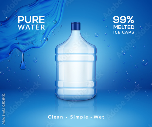 Water bottle mineral background. Plastic water bottle advertising drink cooler, splash clear water product