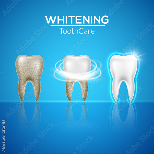 Tooth clean 3d health. Dental realistic dirty whitening. Dentist teeth hygiene isolated medicine template