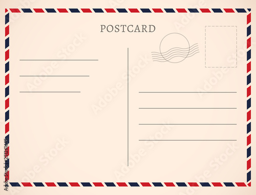 Postcard template paper white texture. Vector postcard empty mail stamp and message design