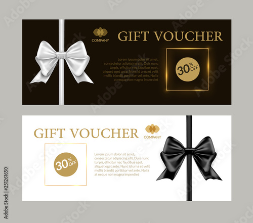Gift card or gift voucher template. Black and white bows and ribbons banner certificate design