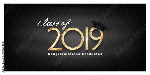 Vector text for graduation gold design, congratulation event, T-shirt, party, high school or college graduate. Lettering Class of 2019 for greeting, invitation card