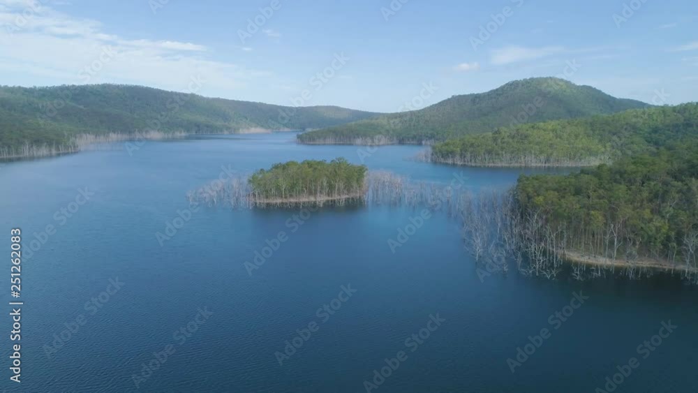Aerial pan across scenic lake and bare trees growing in water in Australia Aerial pan across scenic lake and bare trees growing in water in Australia