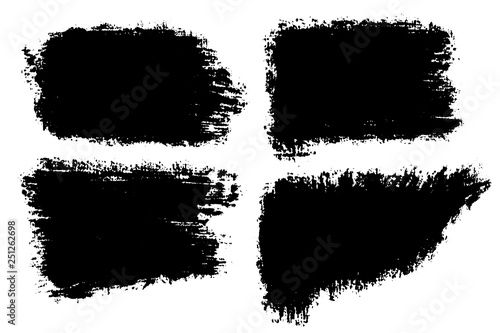 Vector set of big hand drawn brush strokes with splashes, stains for backdrops. Monochrome design elements set. One color monochrome artistic hand drawn backgrounds various shapes.