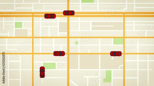 Red cartoon cars move around the map. Taxi service in the application on the phone. It can be seen where the available taxi cars pass. A simulated ride sharing app map background screen for a tablet.