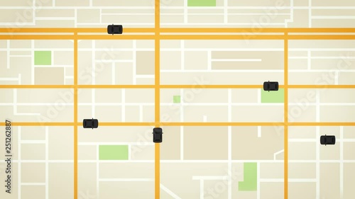 Black cartoon cars move around the map. Taxi service in the application on the PC. It can be seen where the available taxi cars pass. A simulated ride sharing app map background screen for a tablet.