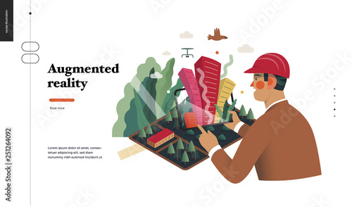 Technology 2 -Augmented reality, modern flat vector concept digital illustration -augmented reality metaphor - man with tablet. Creative landing web page design template