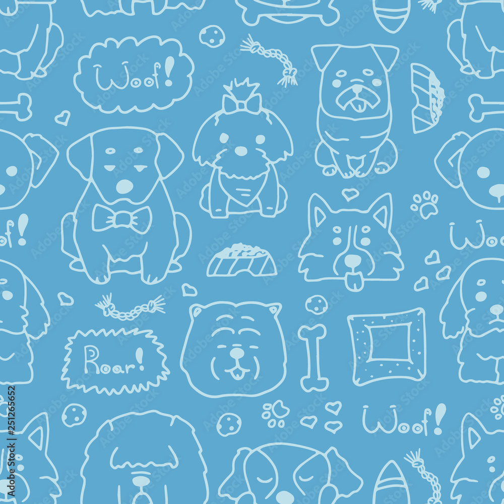 Vector seamless pattern with hand drawn dogs. Trendy doodle vector on blue background. Perfect for kids apparel,fabric, textile, nursery decoration,wrapping paper. Vector seamless pattern with hand drawn dogs. Trendy doodle vector on blue background. Perfect for kids apparel,fabric, textile, nursery decoration,wrapping paper.