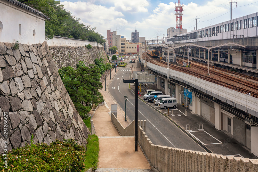 Historic Fukuyama Castle Walls by Fukuyama Train Station - Hiroshima Prefecture, Japan