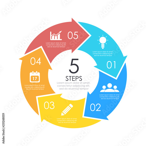 Vector circle chart infographic template with arrow for cycle diagram, graph, web design. Business concept with 5 steps or options. Abstract background.