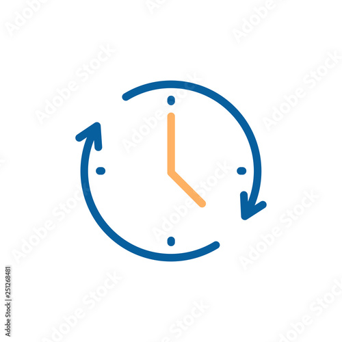 Clock icon with circular motion shape with arrow indicating passage of time. Vector illustration for concepts of time, progress, deadline, express delivery, time limit, urgency