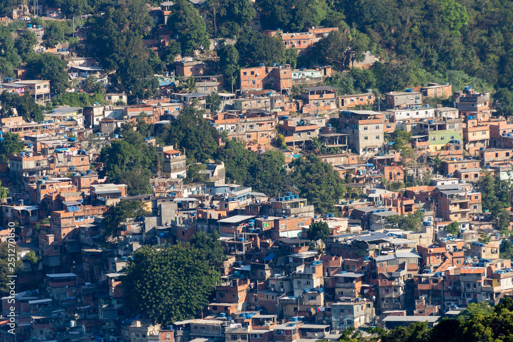 Aerial view of Favela da Rocinha, Biggest Slum in Brazil on the Two Brothers Mountain in Rio de Janeiro