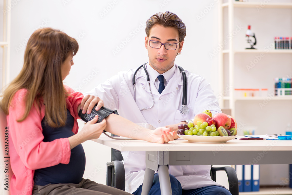 Fototapeta premium Pregnant woman visiting doctor discussing healthy diet