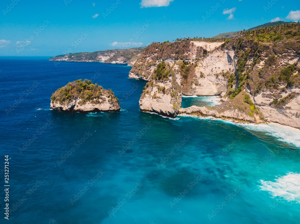 Amazing Diamond beach on Nusa Penida Island. Aerial drone