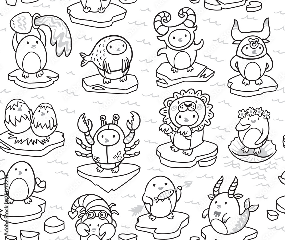 Fototapeta premium Seamless pattern of penguins zodiac signs in contour. Vector illustration