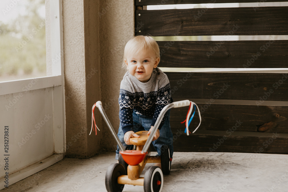 Precious Adorable Cute Little Blonde Baby Toddler Boy Kid Playing Outside on Wooden Toy Bicycle Scooter Mobile Smiling at the Camera and Having Fun Precious Adorable Cute Little Blonde Baby Toddler Boy Kid Playing Outside on Wooden Toy Bicycle Scooter Mobile Smiling at the Camera and Having Fun