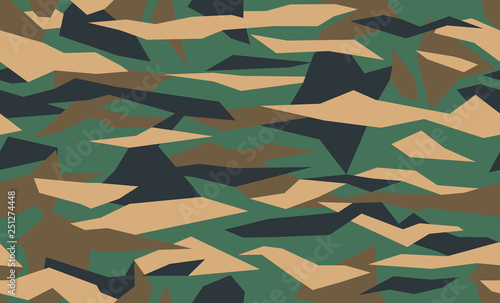 Abstract geometric camouflage, seamless pattern. Military camo texture with debris elements, army or hunting green clothes. Wallpaper for textile and fabric. Fashion style. Vector