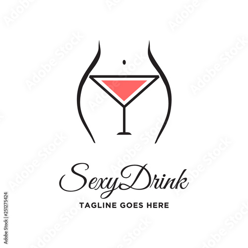 wine cup drink with sexy body woman logo icon vector template