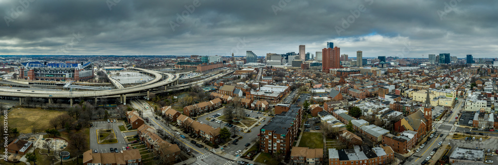 Aerial view of Baltimore skyline with skyscrapers, inner harbor in Maryland USA