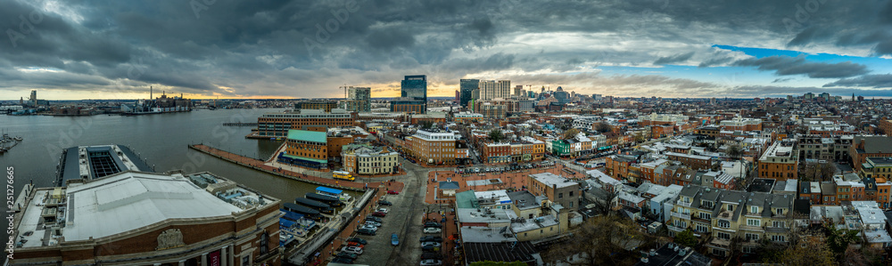 Aerial skyline view of Fells Point and Downtown Baltimore Maryland on a winter afternoon