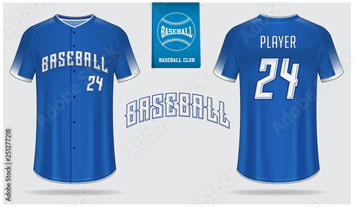 Baseball jersey, sport uniform, raglan t-shirt sport template design. Baseball t-shirt mock up. Front and back view baseball uniform. Flat baseball logo on blue label. Vector Illustration.