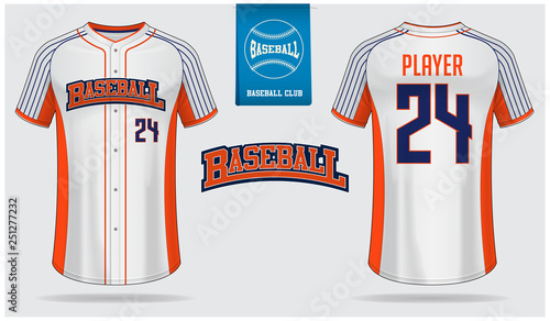 Baseball jersey, sport uniform, raglan t-shirt sport template design. Baseball t-shirt mock up. Front and back view baseball uniform. Flat baseball logo on blue label. Vector Illustration.