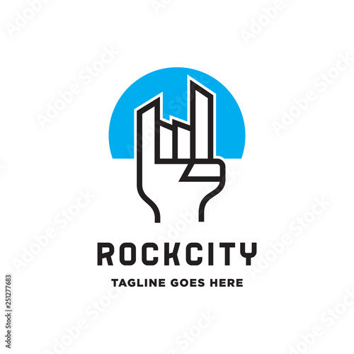 rock hand sign and city building logo icon vector template 