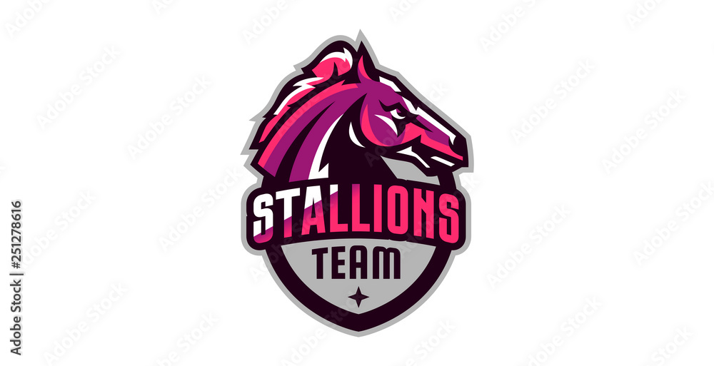 Horse logo. Sports logos of horses, racing stallions. Shield, text