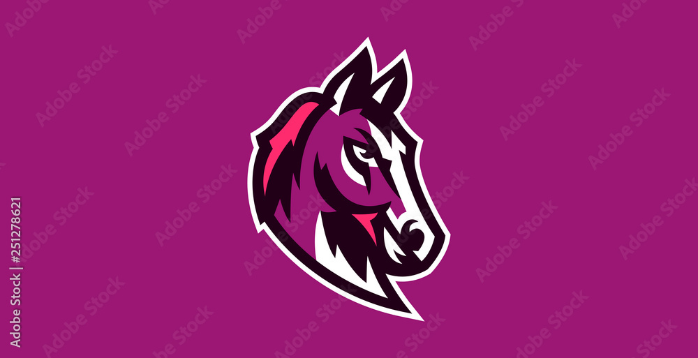 Fototapeta premium Horse logo. Sports logos of horses, racing stallions. Shield, text, mascot, head of a stallion. Vector illustration