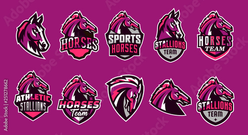 Set of horses logos. Sports logos of horses, racing stallions. Shield, text, mascot. Colorful collection, vector illustration