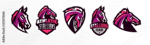 Set of horses logos. Sports logos of horses, racing stallions. Shield, text, mascot. Colorful collection, vector illustration