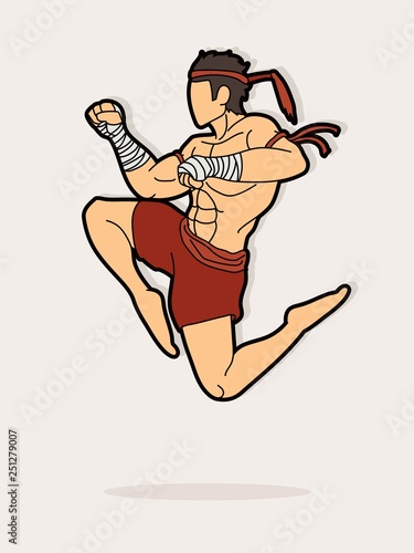 Muay Thai fighting , Thai boxing jumping to attack cartoon graphic vector 
