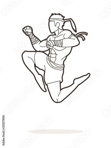 Muay Thai fighting , Thai boxing jumping to attack cartoon graphic vector 