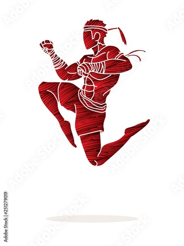 Muay Thai fighting , Thai boxing jumping to attack cartoon graphic vector 