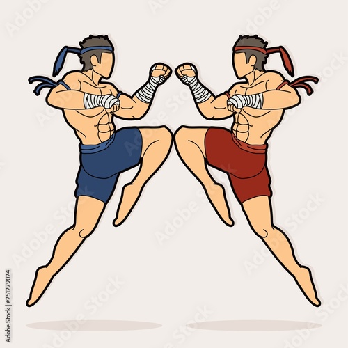 Muay Thai action , Thai boxing jumping to attack Cartoon graphic vector 