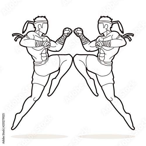 Muay Thai action , Thai boxing jumping to attack Cartoon graphic vector 