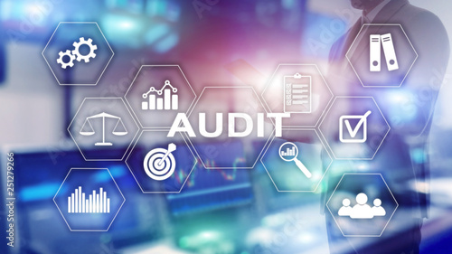 Audit business and finance concept. nalysis Annual Financial Statements, Analyze return on investment. Mixed media abstract background.