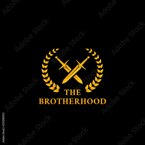 The warrior knight sword fighter brotherhood logo icon symbol with crossed sword and laurel wreath in gold color illustration