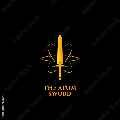 The mighty atom sword logo icon, super power magic sword logo symbol in gold color with atom orbit line illustration