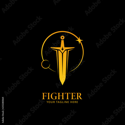 Moon and Stars light sword logo, warrior fighter logo icon symbol in golden color with black background