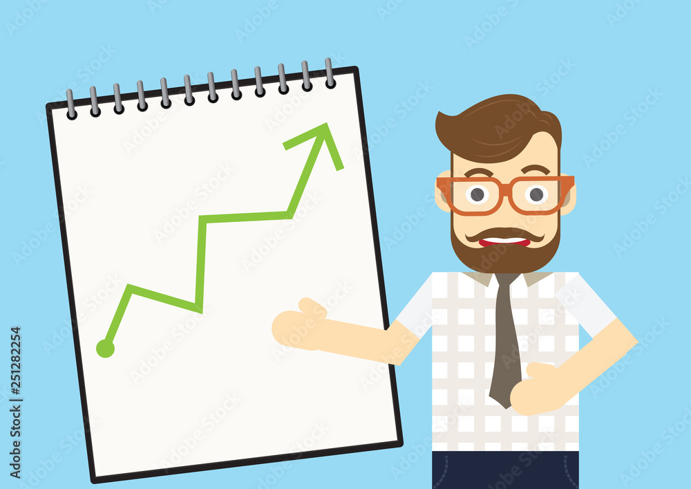 Happy project manager holds financial report, shows rising stats and growing graphs to colleague, satisfied with great development rate, successful strategy, business growth, company success concept Happy project manager holds financial report, shows rising stats and growing graphs to colleague, satisfied with great development rate, successful strategy, business growth, company success concept