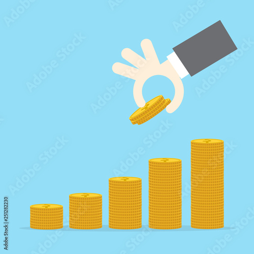 Saving money concept preset by Male hand putting money coin stack growing business