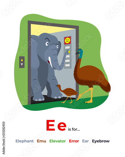 English alphabet Colored cartoon with letter E for children, with pictures to these letter with elephant, emu, elevator, error, ear, eyebrow. - Vector